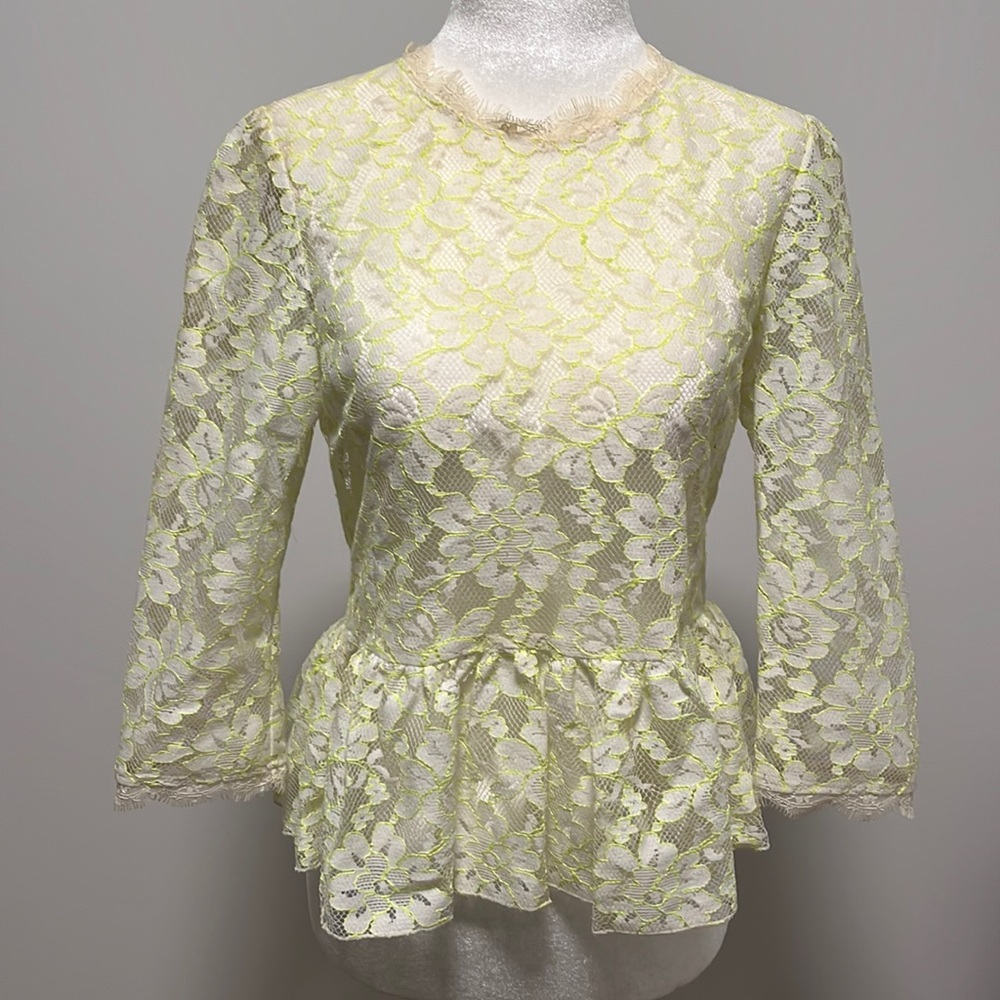 White lace seethrough long sleeve top with buttons down the back and neon floral